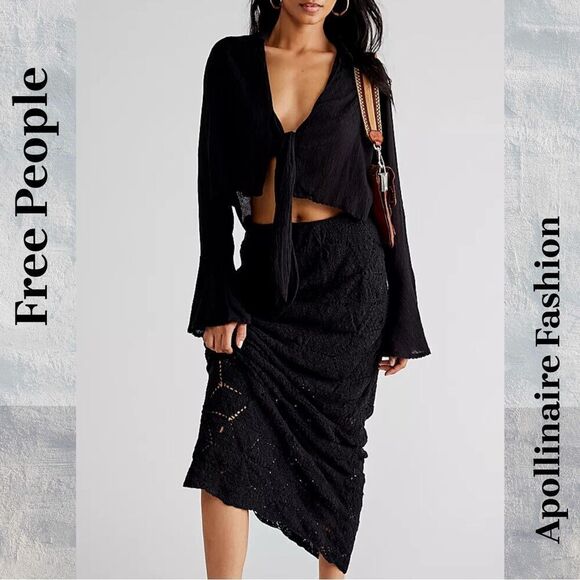 FREE PEOPLE TAVI CROCHET MAXI SKIRT IN BLACK LARGE NEW - Picture 1 of 5